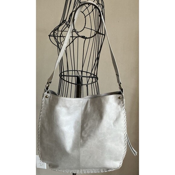 Handbags - Hobo Braided Leather Shoulder Handbag With Whipstitch Detailing Light Grey EUC
